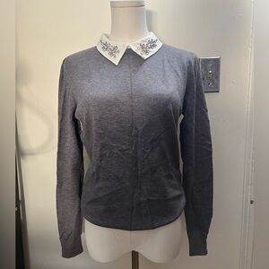 NWOT Milano Gray and White Sweater with Rhinestones Collar